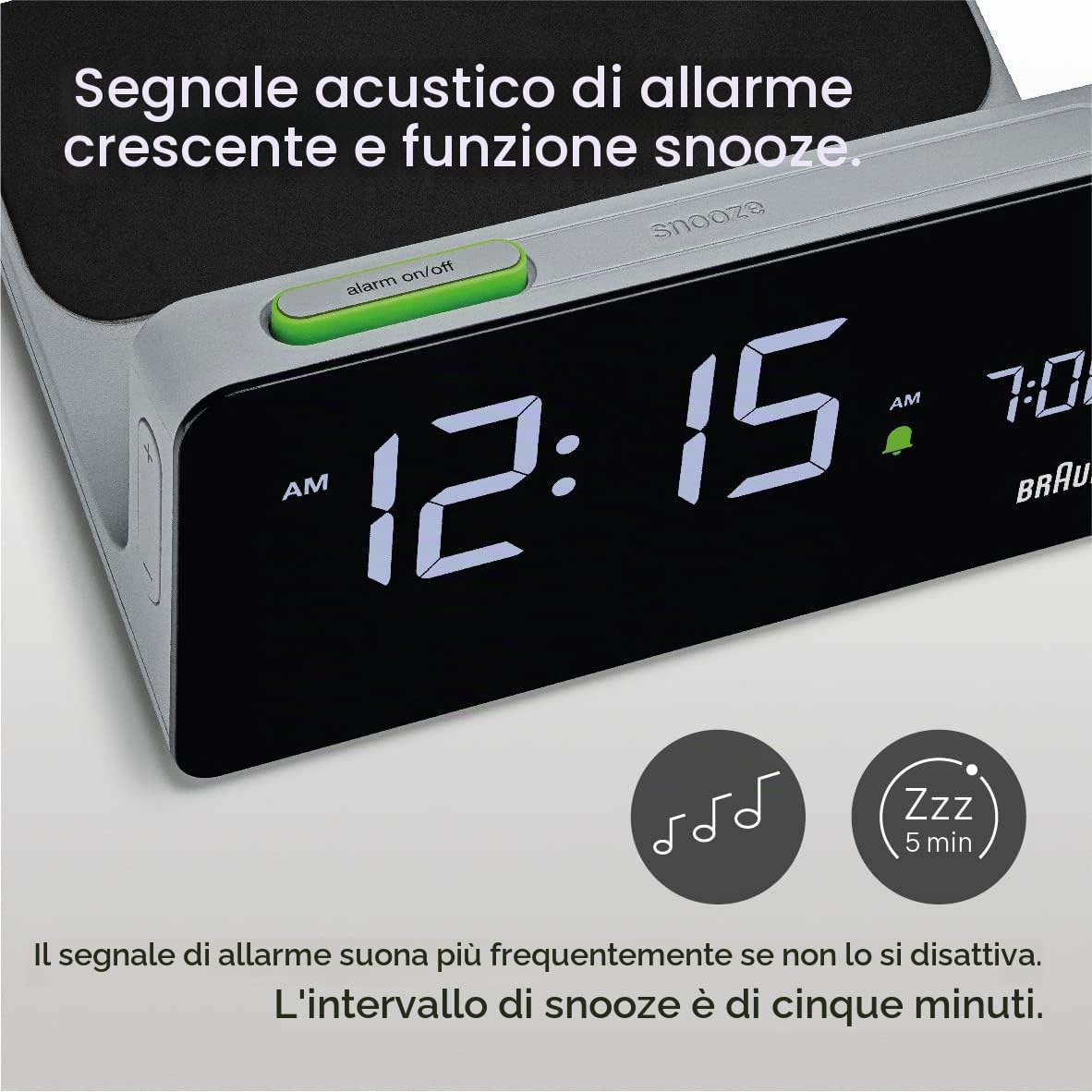 Braun Sveglia digitale display LCD VA, Base per ricarica rapida Qi Wireless 10W, Regolazione automatica della retroilluminazione, Sveglia con segnale acustico, grigio, modello BC21GEU.