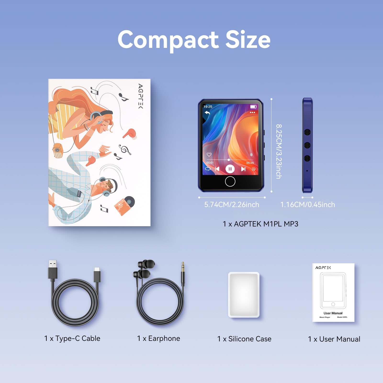 AGPTEK Niebieski odtwarzacz MP3 Bluetooth 5.3, 64GB pamięci wewnętrznej rozszerzalnej do 128GB, 2.8-calowy pełnoekranowy odtwarzacz muzyczny z głośnikiem, radiem FM, słuchawkami i etui ochronnym dla