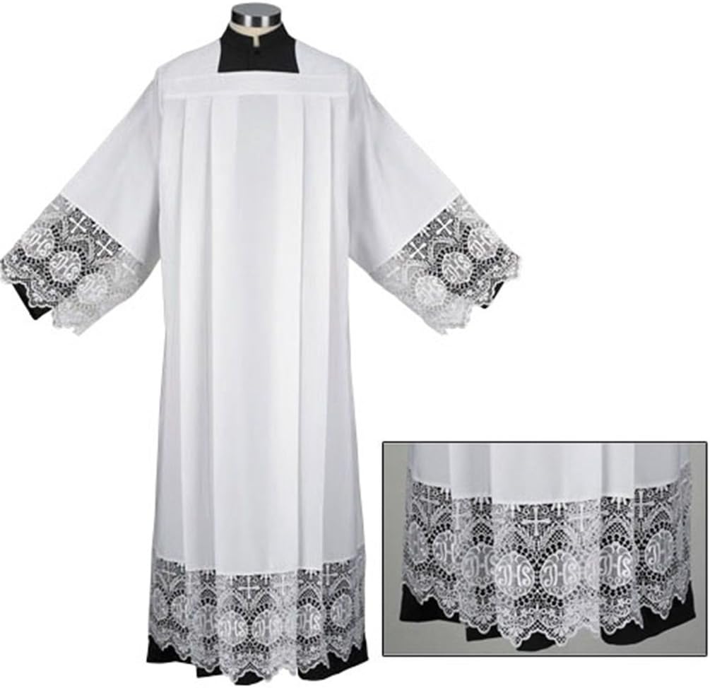 Liturgical Church Garment IHS Lace Polyester Surplice (Large - Back: 41" L/Sleeve: 29" / Fit Height: 6'0" - 6'3")