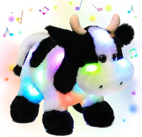 Hopearl Vaca de peluche con luces LED y música, con volumen ajustable, canciones de cuna, animado, da calma, para festival, cumpleaños, niños