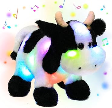 Hopearl LED Musical Stuffed Cow Lighting Up Singing Plush Toy Adjustable Volume Lullaby Animated Soothe Birthday Festival for Kids Toddler Girls, 12