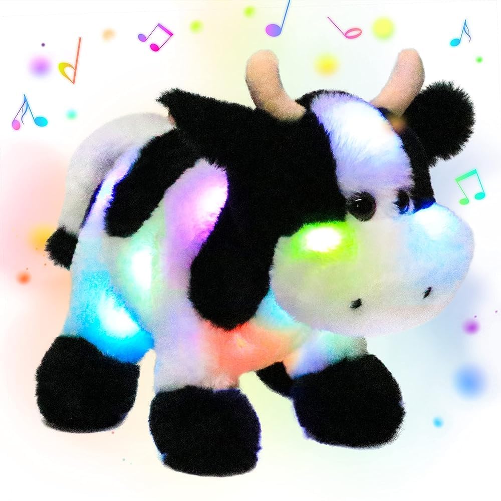 Hopearl LED Musical Stuffed Cow Lighting Up Singing Plush Toy Adjustable Volume Lullaby Animated Soothe Birthday Festival for Kids Toddler Girls, 12''