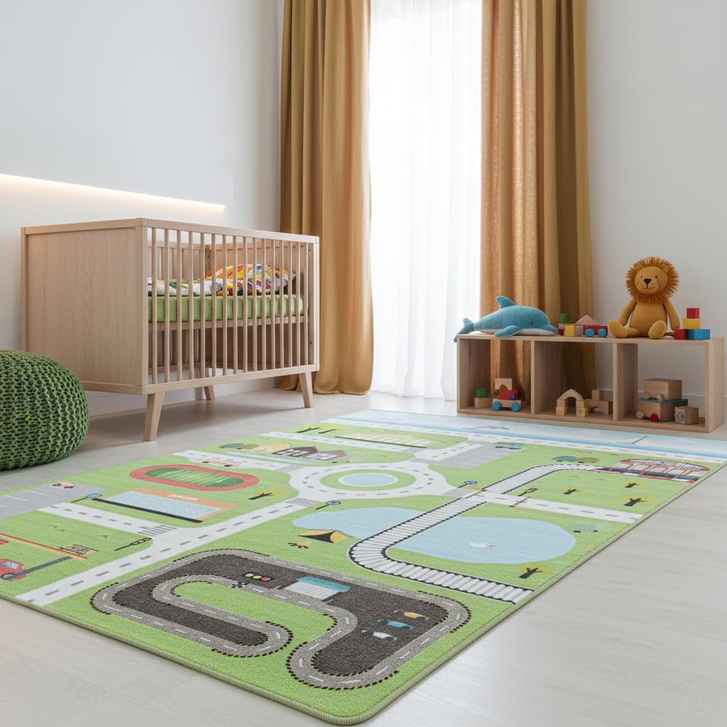 Kinderteppich Spielstraße Straßenmotiv Pflegeleicht Bunt Waschbar Strapazierfähig Grün 80x120 cm Kinderzimmer Fußbodenheizung geeignet Schadstoffgeprüft Oeko-TEX | TRAUN