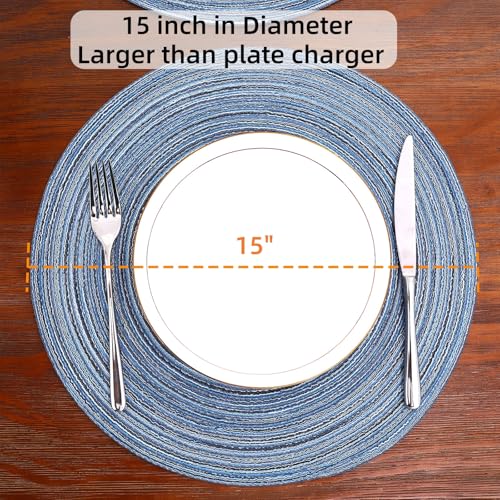 Image of SHACOS Round Braided Placemats Set of 12 Circle Place Mats Cotton Polyester Kitchen Table Mats for Dining Table Wedding Party Decor (Blue Gray, 12)