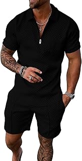FcuteL Mens Short Sets 2 Piece Outfits Summer Fashion Quarter Zip Polo & Athletic Shorts Retro Textured Vacation Tracksuit