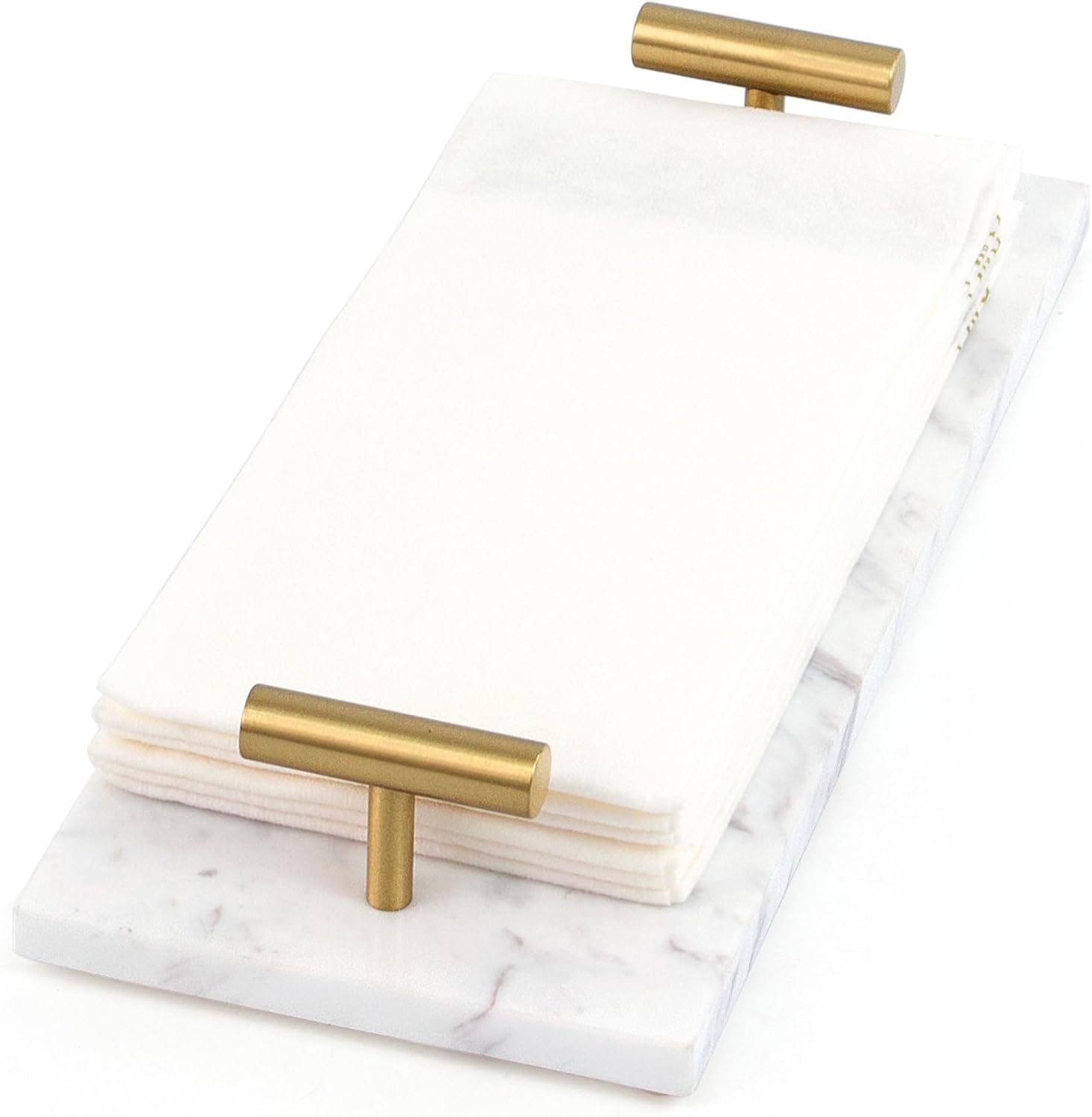 LIN CHUAN Marble Napkin Holder, Guest Towel Holder Tray, Marble Tray for Bathroom & Kitchen Countertop with Brass Handles, Decorative Bathroom Napkin Holder for Home Decor,White