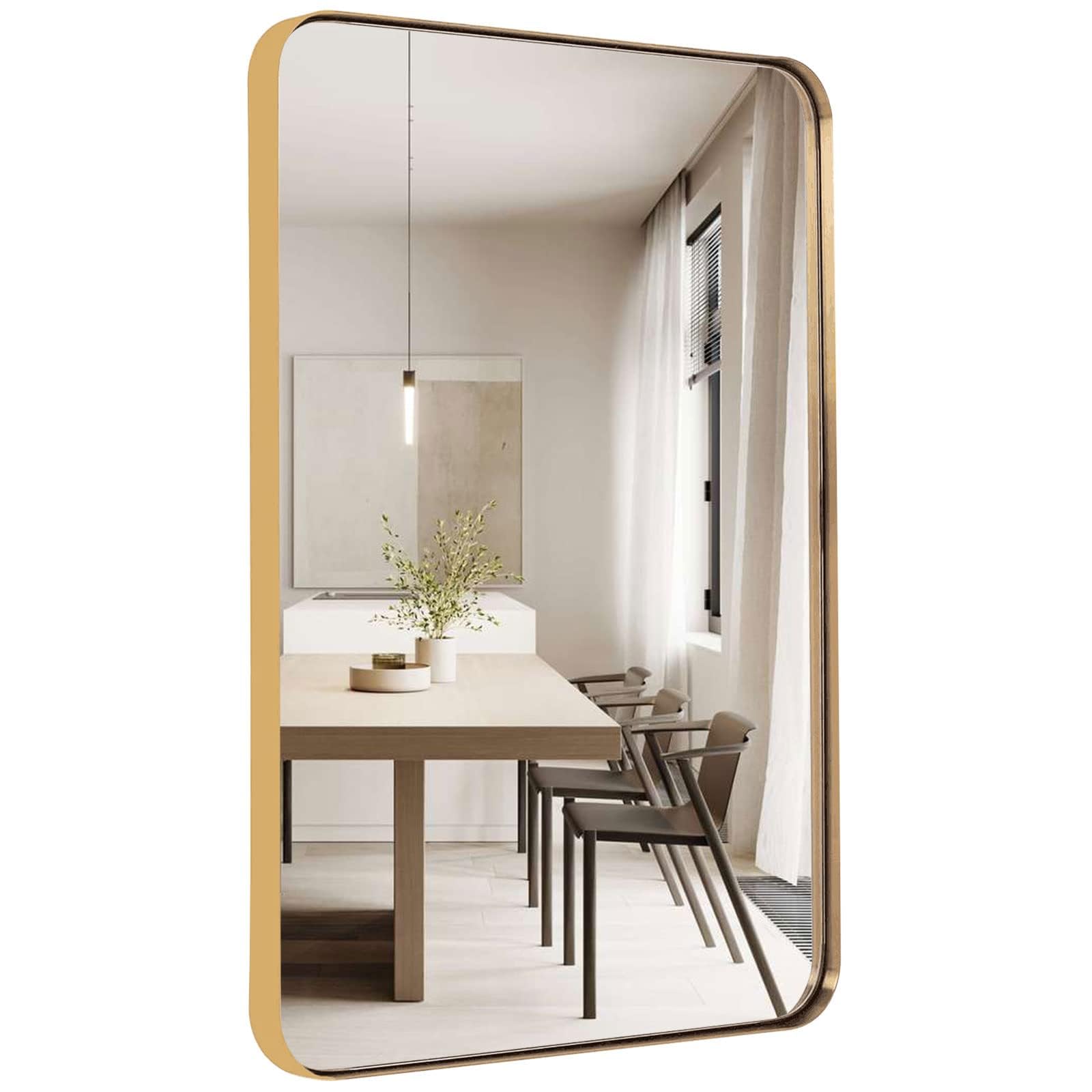Gold Mirror for Wall, 18"x24" Bathroom Mirror Metal Frame with Rounded Corner, Modern Vanity Mirror Hangs Horizontal Or Vertical,Decor for Bathroom, Bedroom, Living Room, Entryway