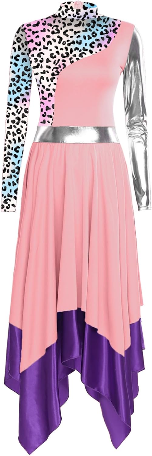 JEATHA Women Metallic Liturgical Dance Praise Dress Long Sleeve Multicolor Print Worship Overlay Tunic Tops