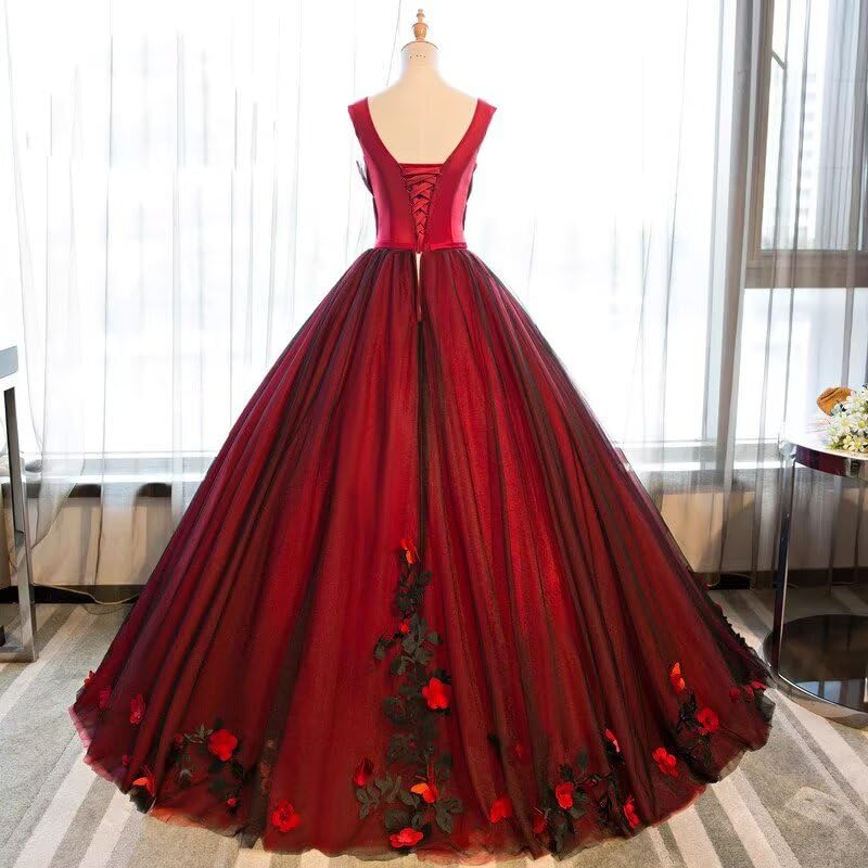 3D Flower Ball Gown Quinceanera Dresses Gothic Black Tulle Sweet 16 Masquerade Princess Dresses3