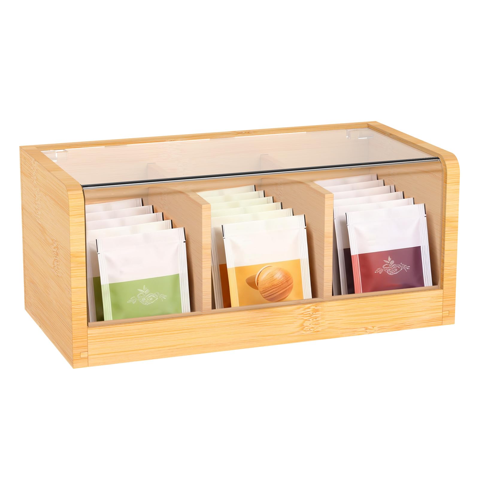 Yunyouc 3 Compartments Bamboo Tea Bag Storage Organizer, Wooden Tea Box Drawer Storage Holder With Transparent Lid, Coffee Station Organizer, Divided Chest Countertop Box For Sugar Packet(3 Compartments)