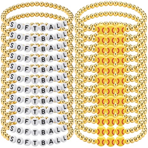 Huquary 24 Pcs Baseball Soccer Softball Football Volleyball Tennis Basketball Team Gifts Beaded Bracelets Sports Party Favor(Gold Softball)