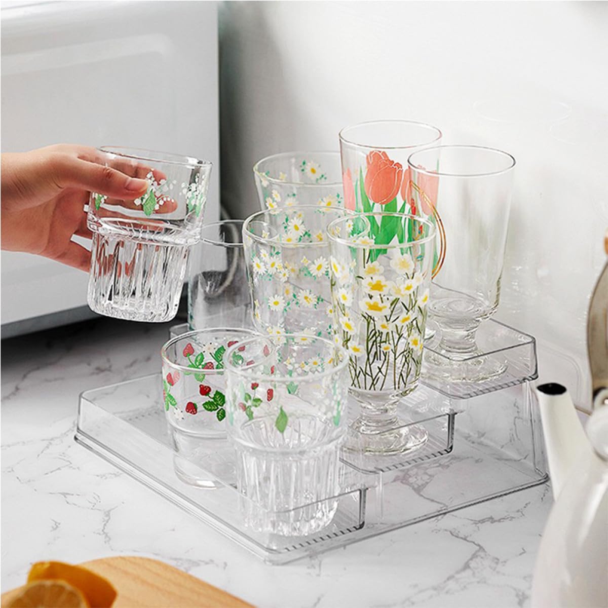 Organizer da Cucina Trasparente a 3 Livelli in Pet, Supporto Salvaspazio per Barattoli e Spezie, Scaffale per Ripiani e Armadietti Design a Gradini