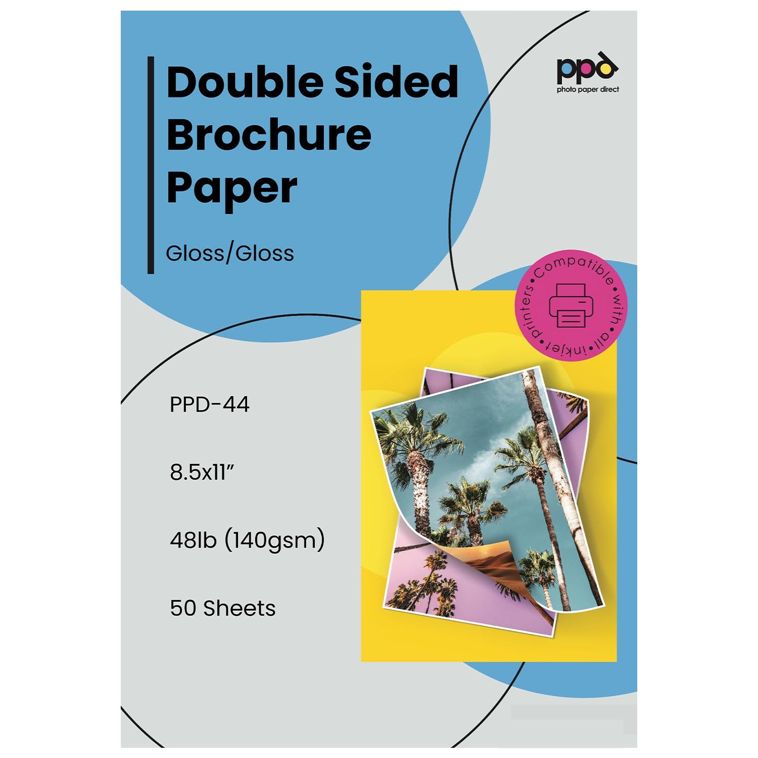 PPD Double Sided Photo Paper, Glossy Brochure Paper 8.5 x 11 for Inkjet Printer, 180 gsm, 9.9 mil Thick for Magazine, Flyer, Presentation, Program, Instant Dry & Water Resistant (50 Sheets)