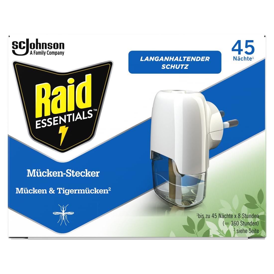 Raid Essentials Mückenstecker 45 Nächte, Elektrischer Insekten-Schutz vor Mücken & Tigermücken, mit pflanzlichen Wirkstoffen, geruchsneutral, 1er Pack (1 x 32 ml)