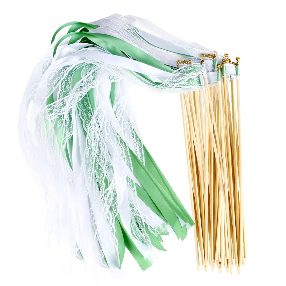 50 Piezas Varitas De Boda,Serpentinas de Cintas de Boda con Campanas,Serpentinas de Varitas de Encaje de Hadas Varitas Mágicas para Boda de Cumpleaños Actuación Props Fiesta de Favores (Verde)