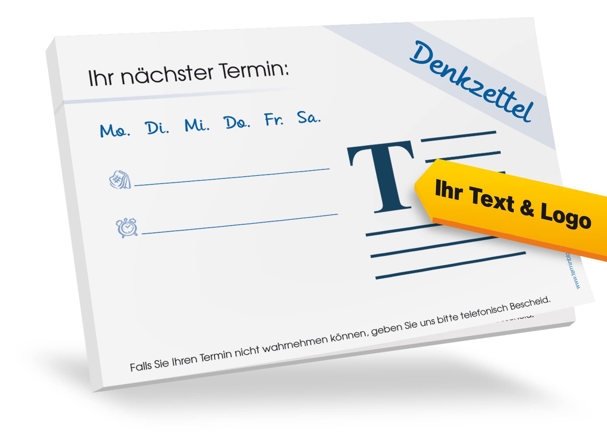 200 Terminblöcke Classic #1 individuell bedruckt mit Ihrem Text und Logo! 50 Blatt je Block, 74 x 105 mm (DIN A7), quer, mehrere Grundfarben und Terminfelder wählbar