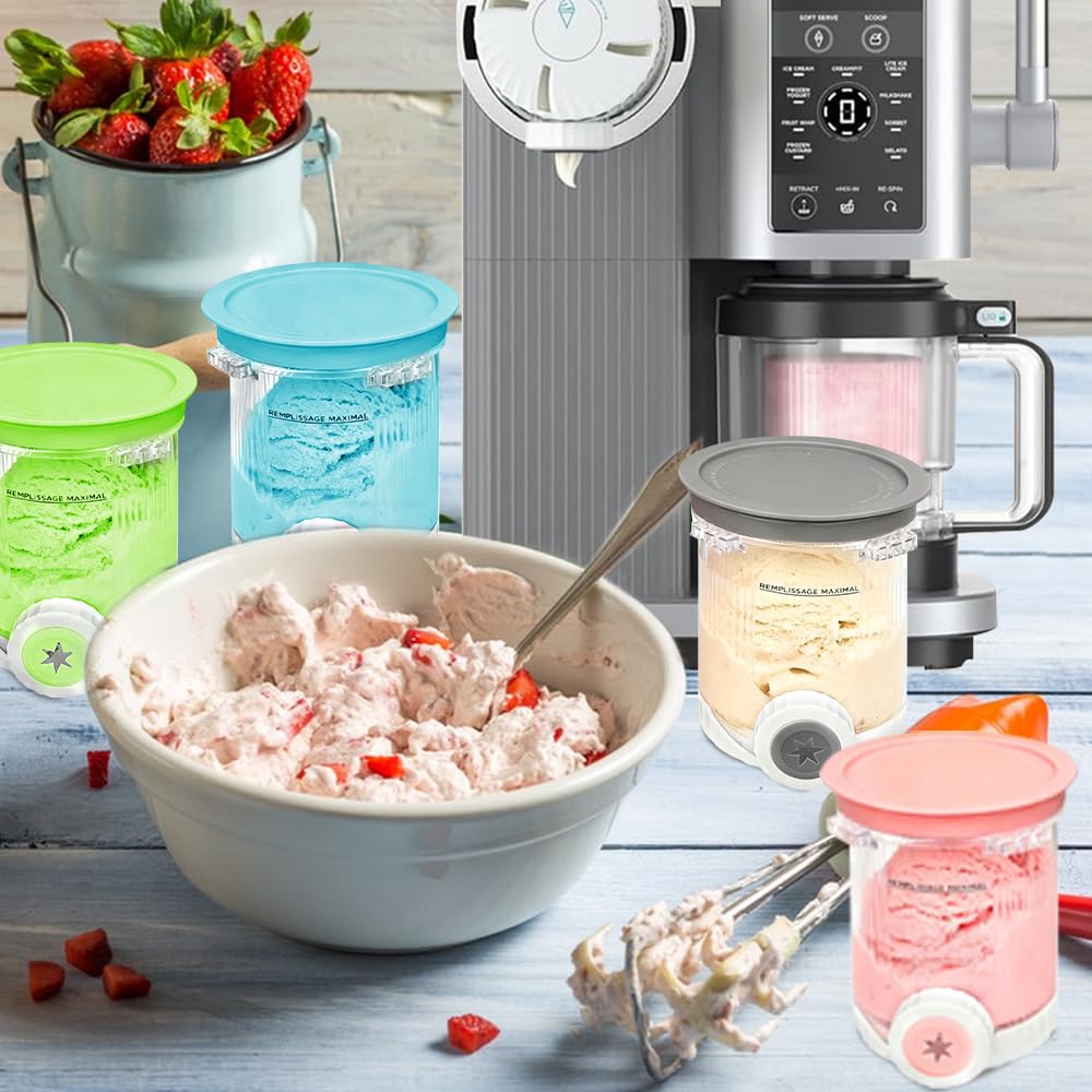 Ninja Swirl Creami Lot de 4 récipients à glace, pour la série NC700 NC701EU, sans BPA, avec couvercles colorés, passent au lave-vaisselle, conservation au congélateur pour la glace maison