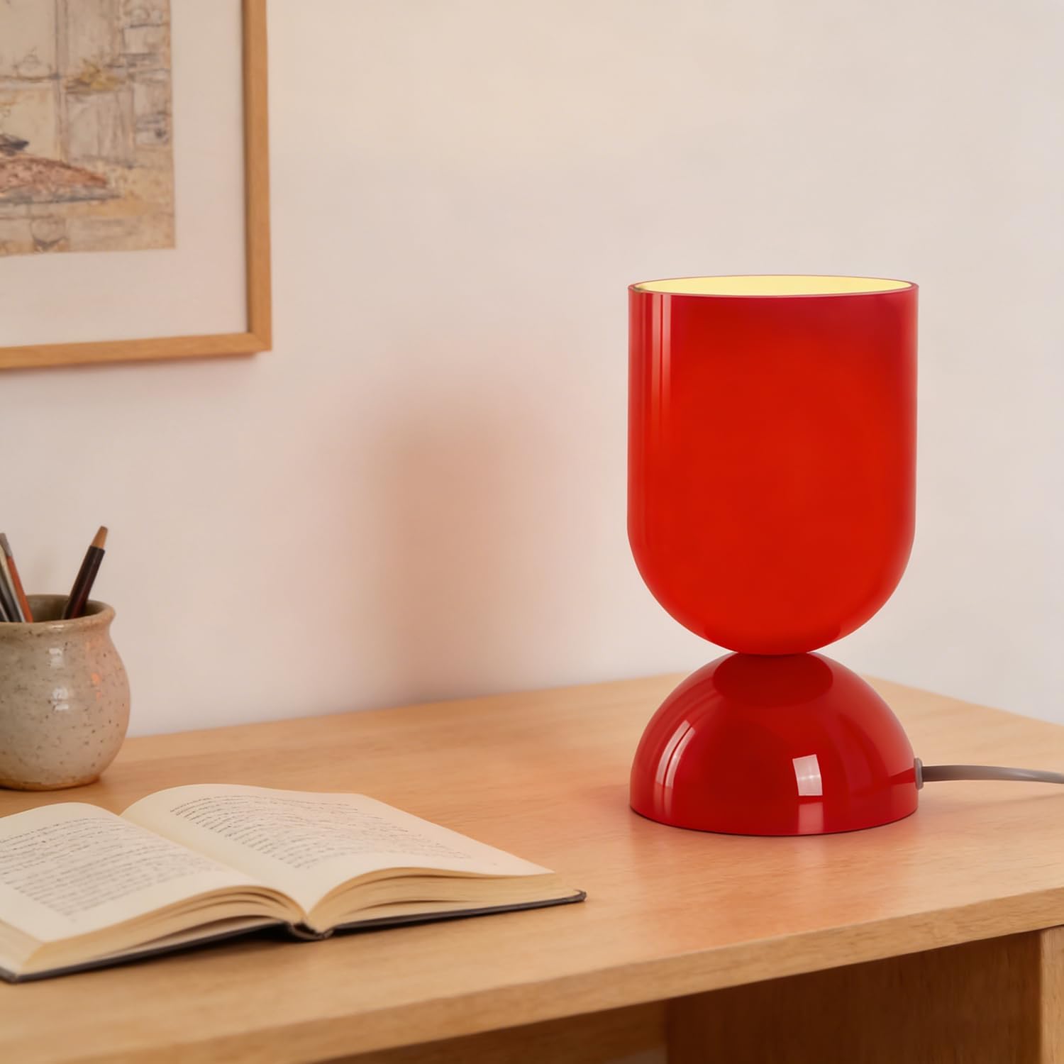 8.9'' Modern Glass Table Lamp, Dimmable Bedside & Desk Lamp for Living Room and Bedroom, UL Listed Nightstand Lamp with Dome Base, Home Decor for Office, Dorm, Side Table, Glossy Red