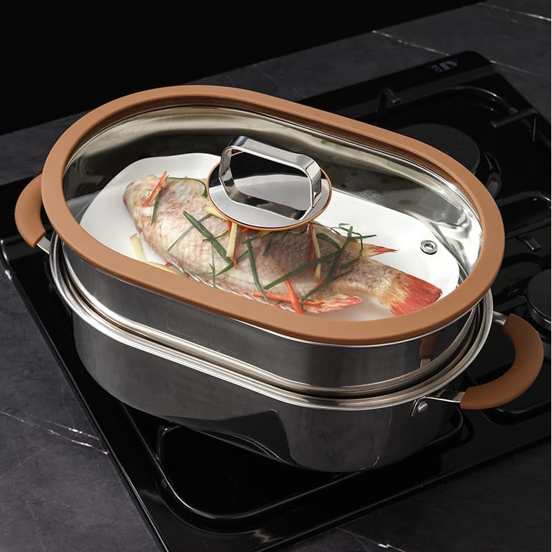 Stainless steel fish steamer, household thick oval steamer, 2-Tier Fish and Vegetable Steaming Cookware