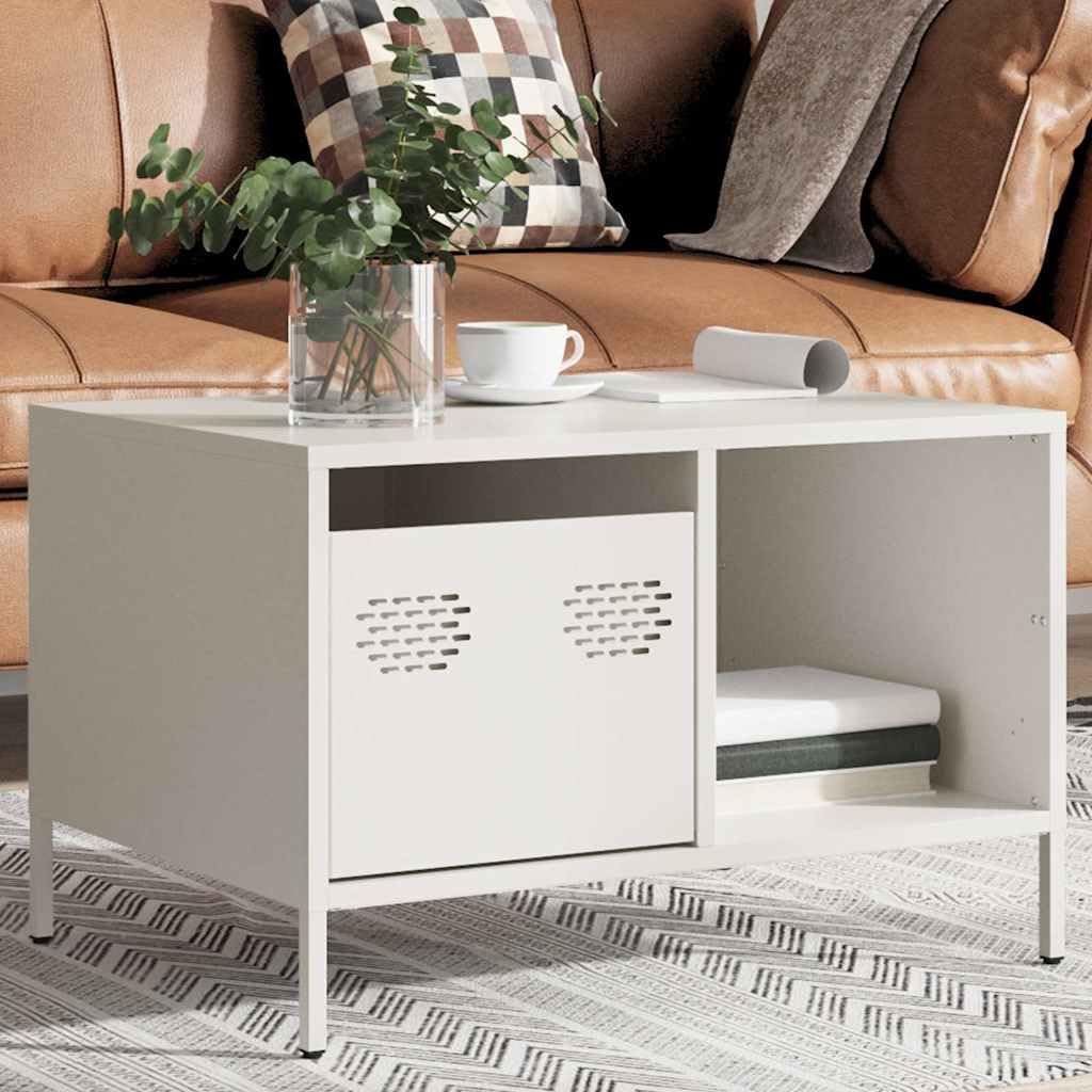 Mesa de centro blanca 68,5 × 50 × 43,5 cm, acero frío, altura regulable, 1 cajón y estante, pequeña mesa auxiliar