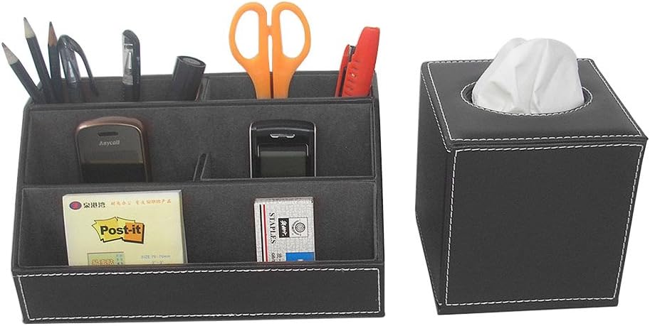 KINGFOM Office Desk Stationery Organizer 5 pcs/set, Tissue Box Cover, Mouse Pad, Pencil&Cards Holders, Self-stick Note Pads Holder (T50-5-Black)