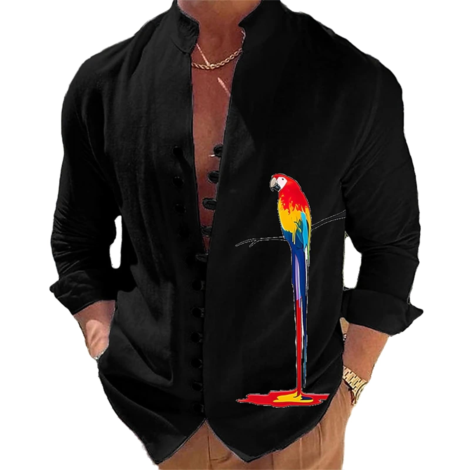 crazynekosMen's Casual Sports Long Sleeve Button Down Shirt Beach Fashion Printed Bird Shirts