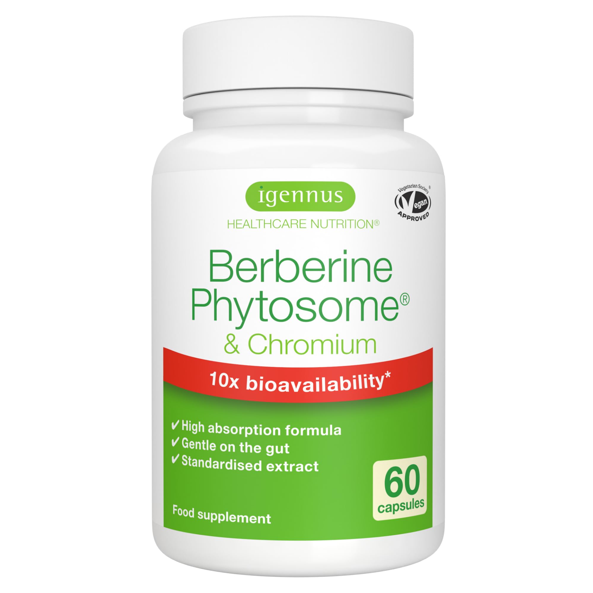 Igennus Berberina 550 mg Fitosomada, Acción Dual con Picolinato de Cromo, Alta Absorción, Control de la Glucosa, Extracto Estandarizado, Ingredientes Puros, 60 Cápsulas Veganas