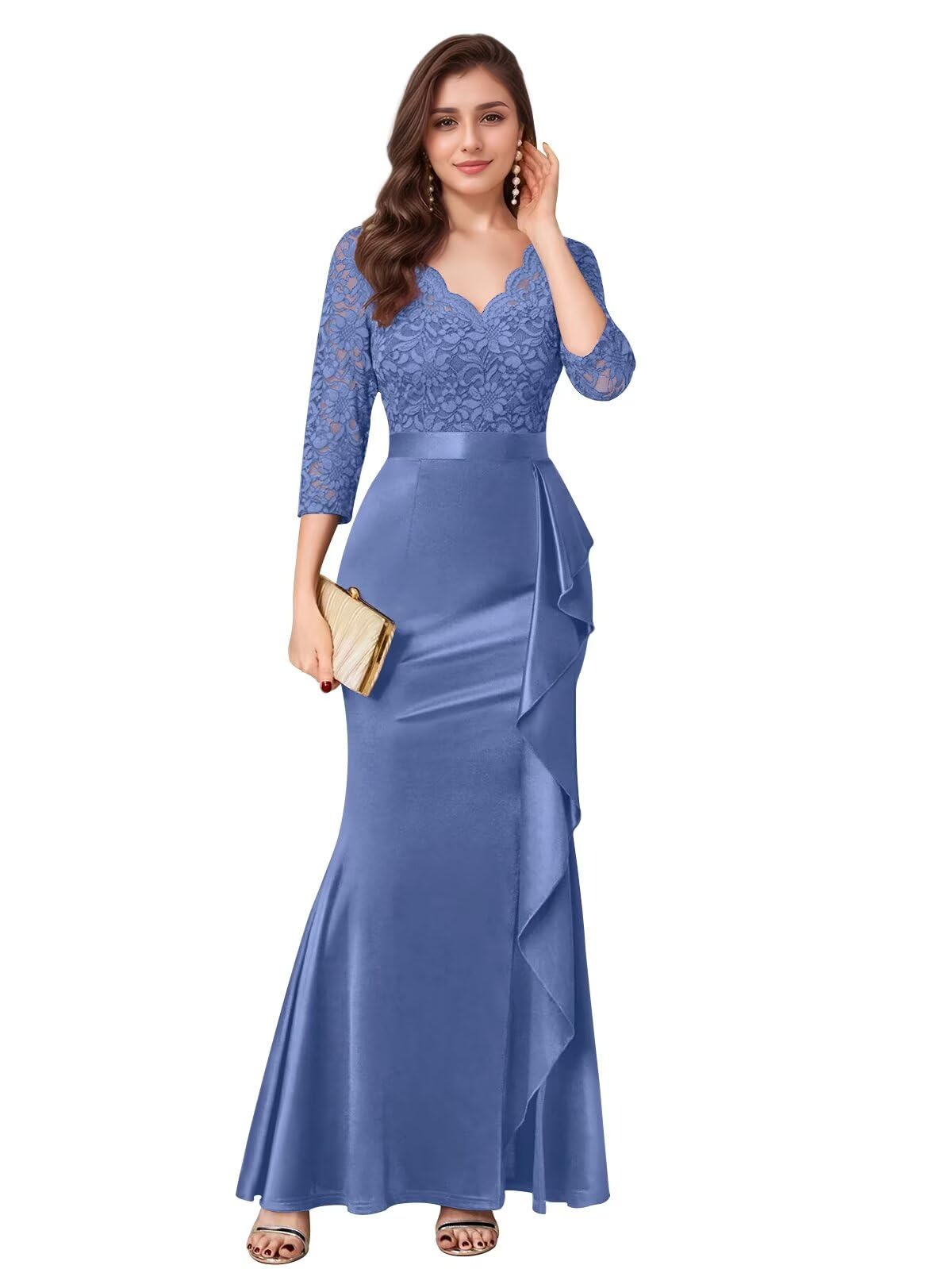 V-Neck Prom Dresses for Women Mermaid Long Sleeves Ruffle Lace Satin Formal Gown Evening Party Dresses with Slit