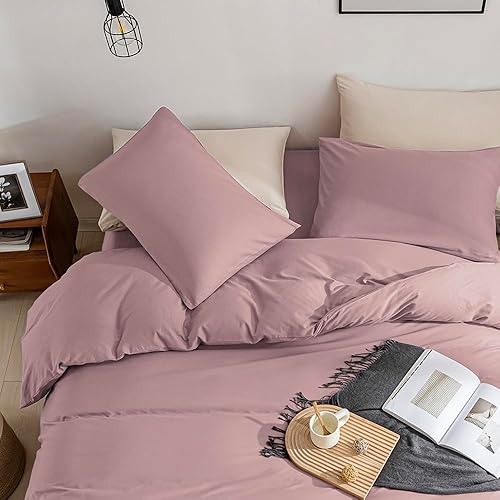 Miniatura 7 de JELLYMONI Funda de edredón rosa tamaño matrimonial, funda de edredón 100% algodón lavado con textura similar al lino, juego de ropa de cama suave y