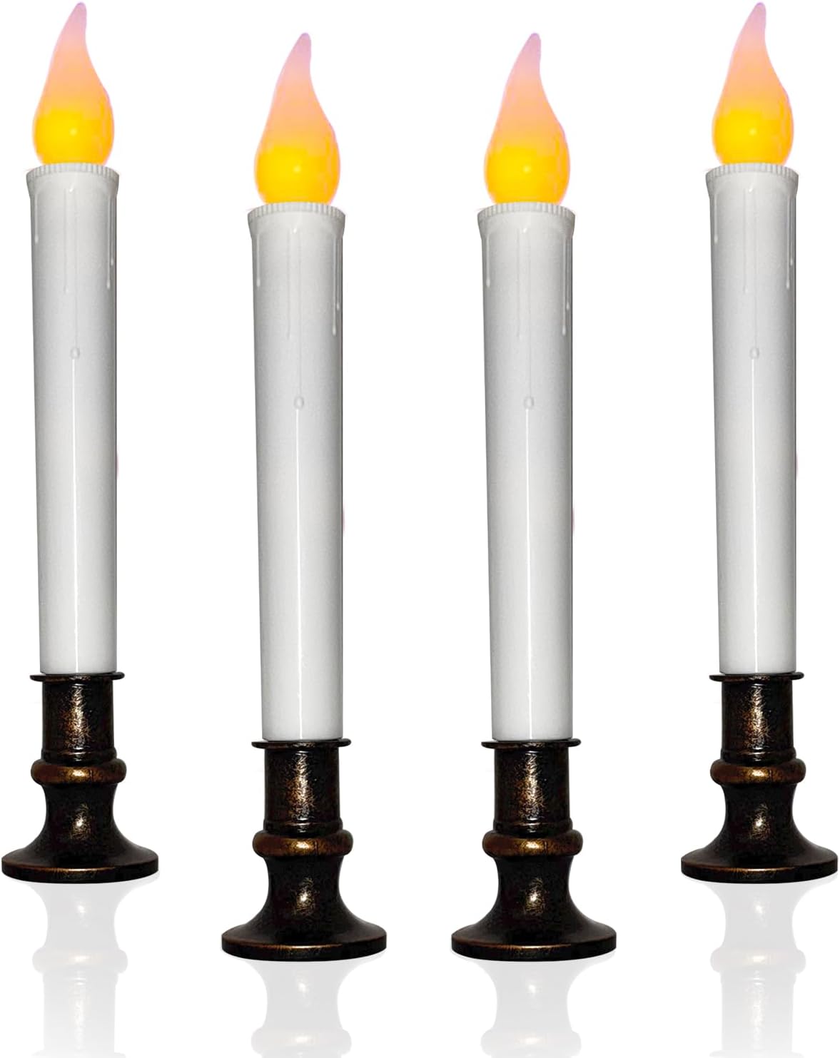 4 Pcs Christmas Window Candles with Timer, 9’’ LED Battery Operated Window Candle Lights with Flickering Flameless Flame, LED Candlesticks for Holiday Christmas Window Table Home Decor-Bronze Base