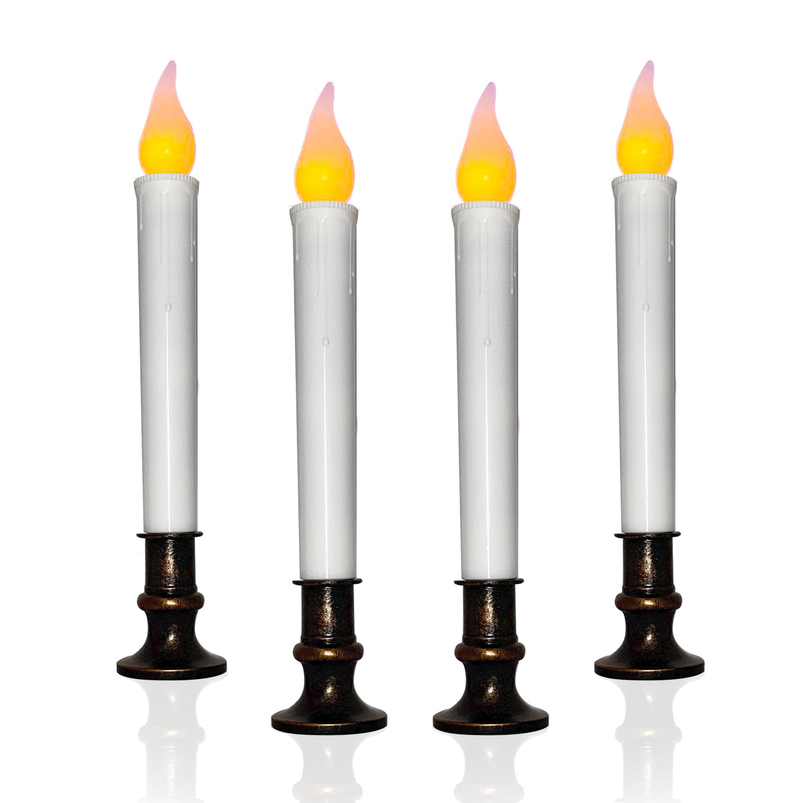 4 Pcs Christmas Window Candles with Timer, 9’’ LED Battery Operated Window Candle Lights with Flickering Flameless Flame, LED Candlesticks for Holiday Christmas Window Table Home Decor-Bronze Base