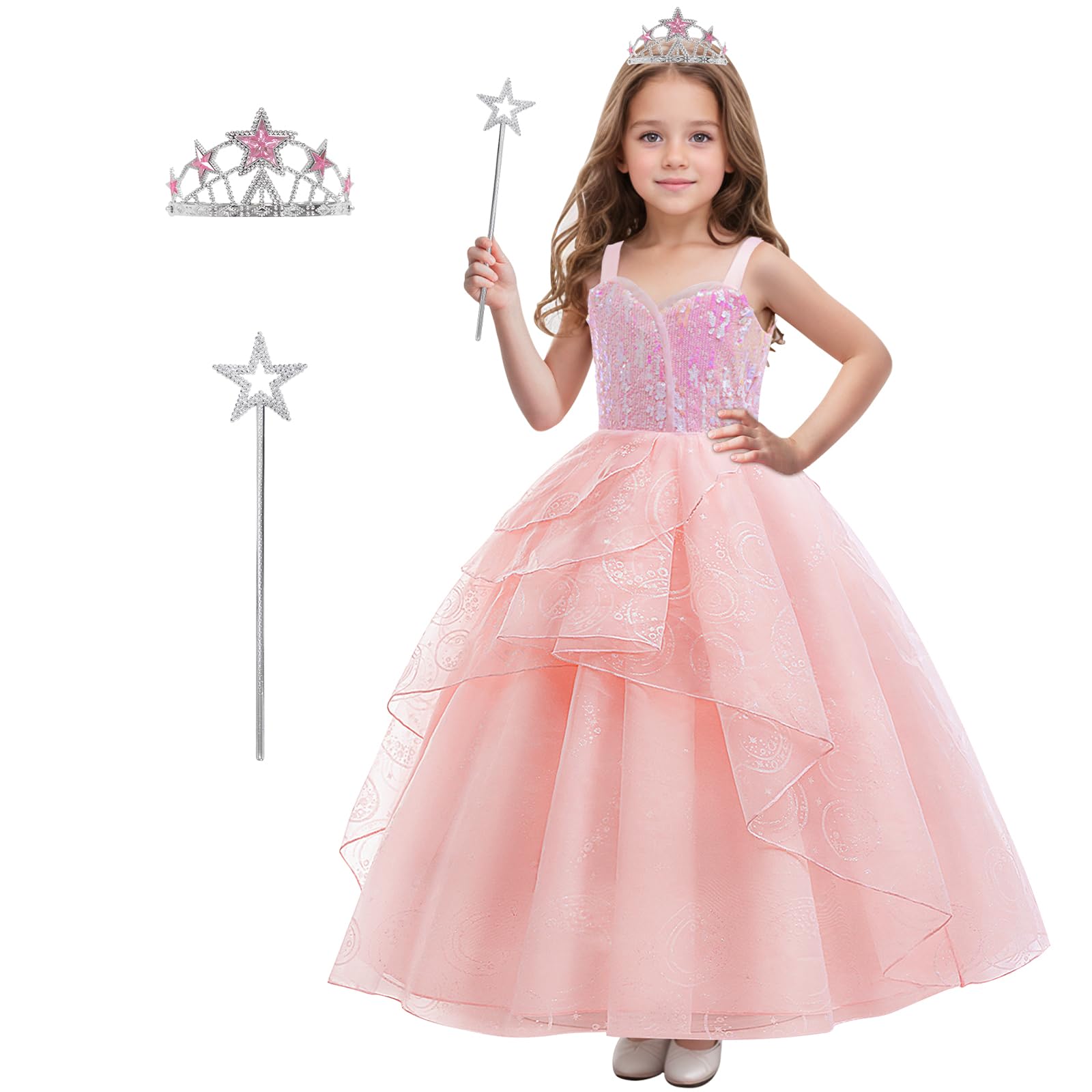 keaiyouhuo Girls Pink Bubble Costume for Kids Pink Witch Tulle Dress Princess Sequins Outfits with Accessories