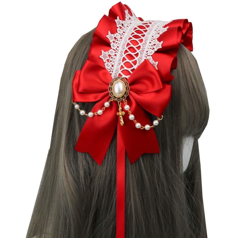 Re-Lady Women Lolita Hearband Hair Hoop Maid Anime Cosplay Headwear Ribbon Bowknot Cute Hair Band Hair Accessory Red