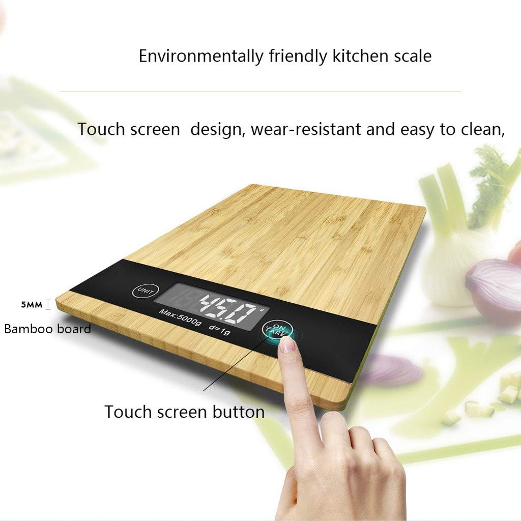 Báscula de cocina digital multifunción, plataforma grande de 1 g a 5 kg/11 lb y pesaje electrónico de alimentos LCD retroiluminado, material de madera de bambú fácil de limpiar