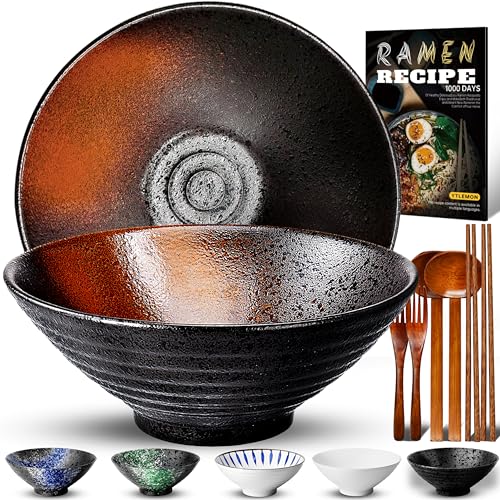 8 Pollici 2 Set Ciotola Ramen In Ceramica(9 pezzi), Ciotola Di Pasta Giapponesi Con Ricette Forchetta Bacchette E Cucchiaio Per Spaghetti Zuppa Di Insalata Snack Bowl Regali Per Uomini Donne Di Casa