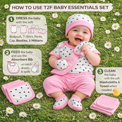 Image of T2F 13 Pcs Newborn Baby Girl /Boy Gift Set, Premium Pink /Blue 100% Cotton Baby Clothing Gift Box with Bodysuit, T-Shirt, Cap, Mittens, Booties, Bib, Pants, Shorts, Towel & Wash Cloths