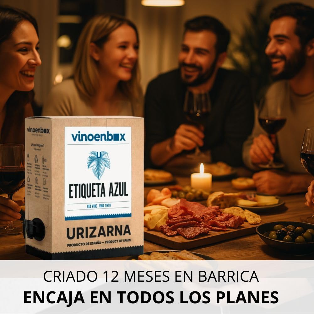 Vinoenbox - Vino Etiqueta Azul Tinto Bag in Box 15L | Crianza 12 meses barrica | Caja con grifo, larga conservación | Ideal para consumo diario (equivale a 20 bot.)