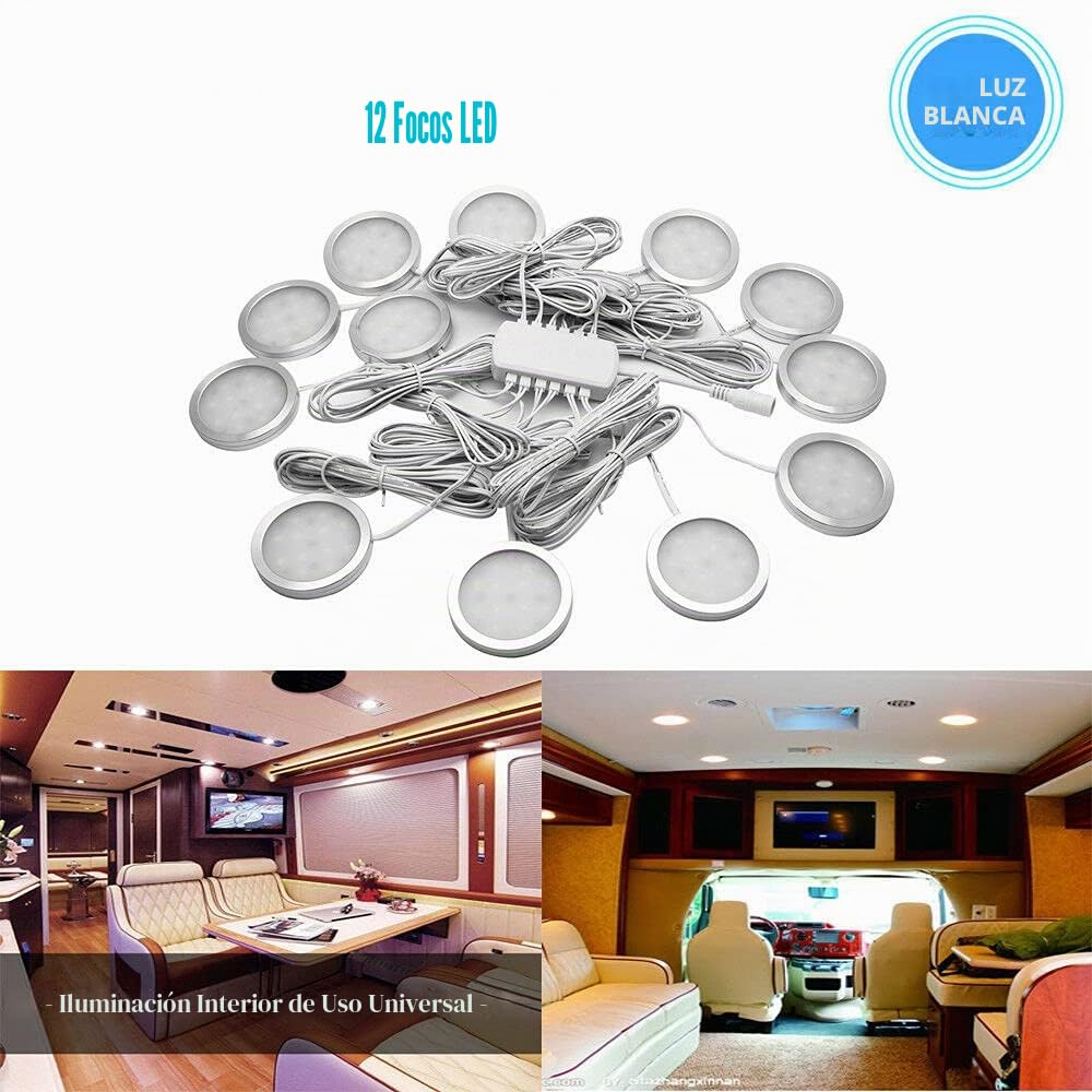 Luces interiores, 12pcs/set 12V Cargador de luz de punto LED interior para autocaravana caravana, con atenuador, cargador de coche 5521,para Camper Van Caravana Barco,blanco natural