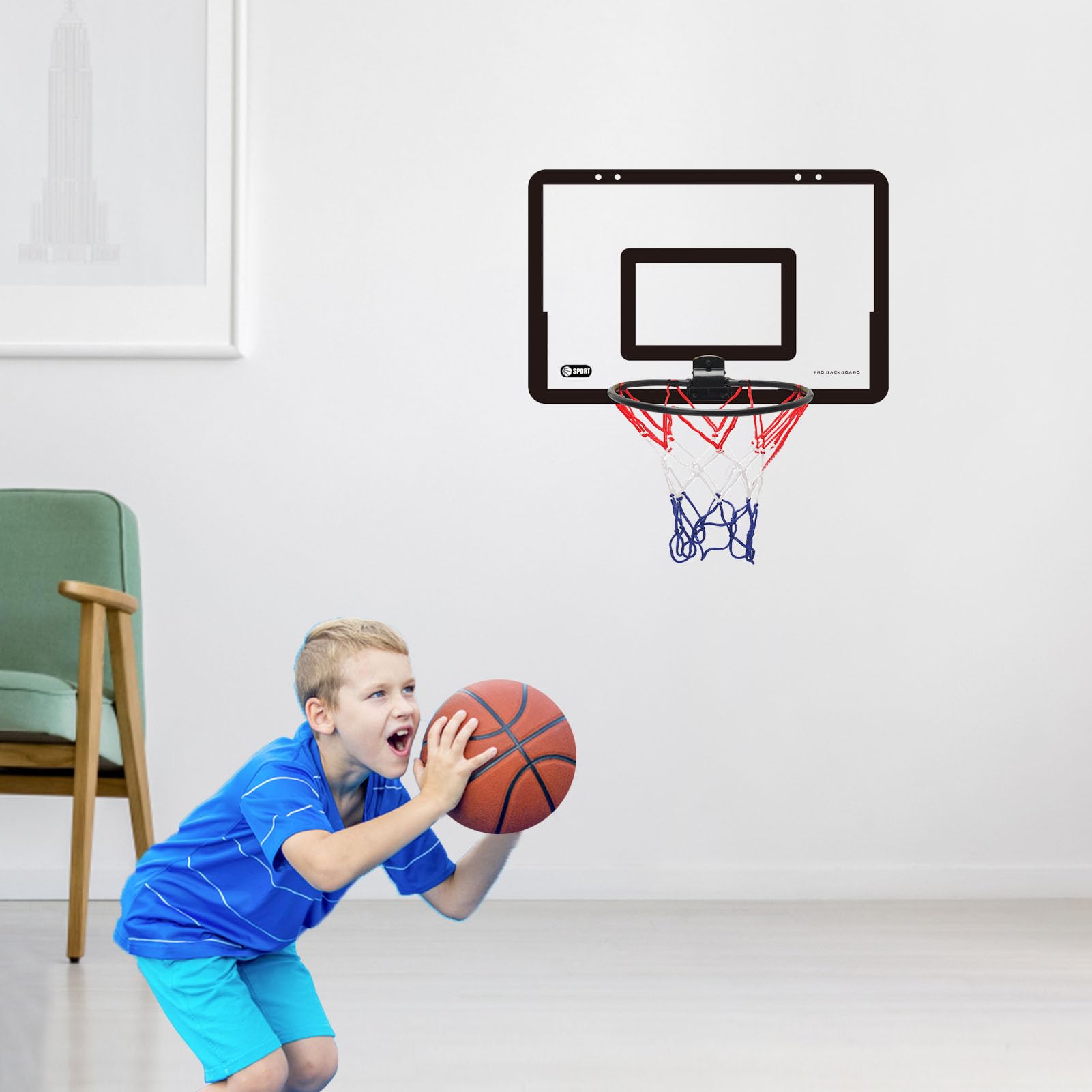 Mini canasta de baloncesto sobre la puerta, 40 x 26 x 5 cm, juego de baloncesto para interiores con pelota y bomba, cesta colgante para montaje en pared, sin taladrar, canasta de baloncesto para niños