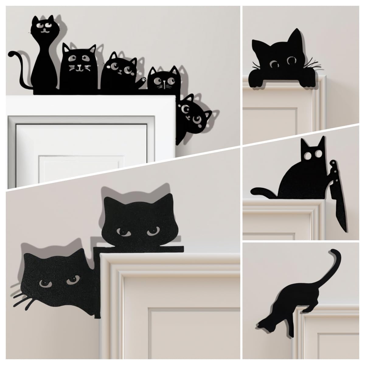 Letrero de esquina para puerta de gato adorno de hierro negro contra paredes vacías