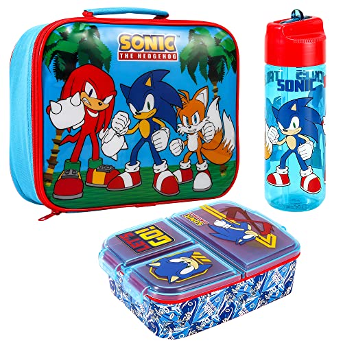 Zawadi Global Sonic the Hedgehog Kids Childrens Lunch Box Set Insulated Lunch Bag Multicompartment Lunch Box & 580ml Water Bottle - School Travel Lunch Food Set BPA Free