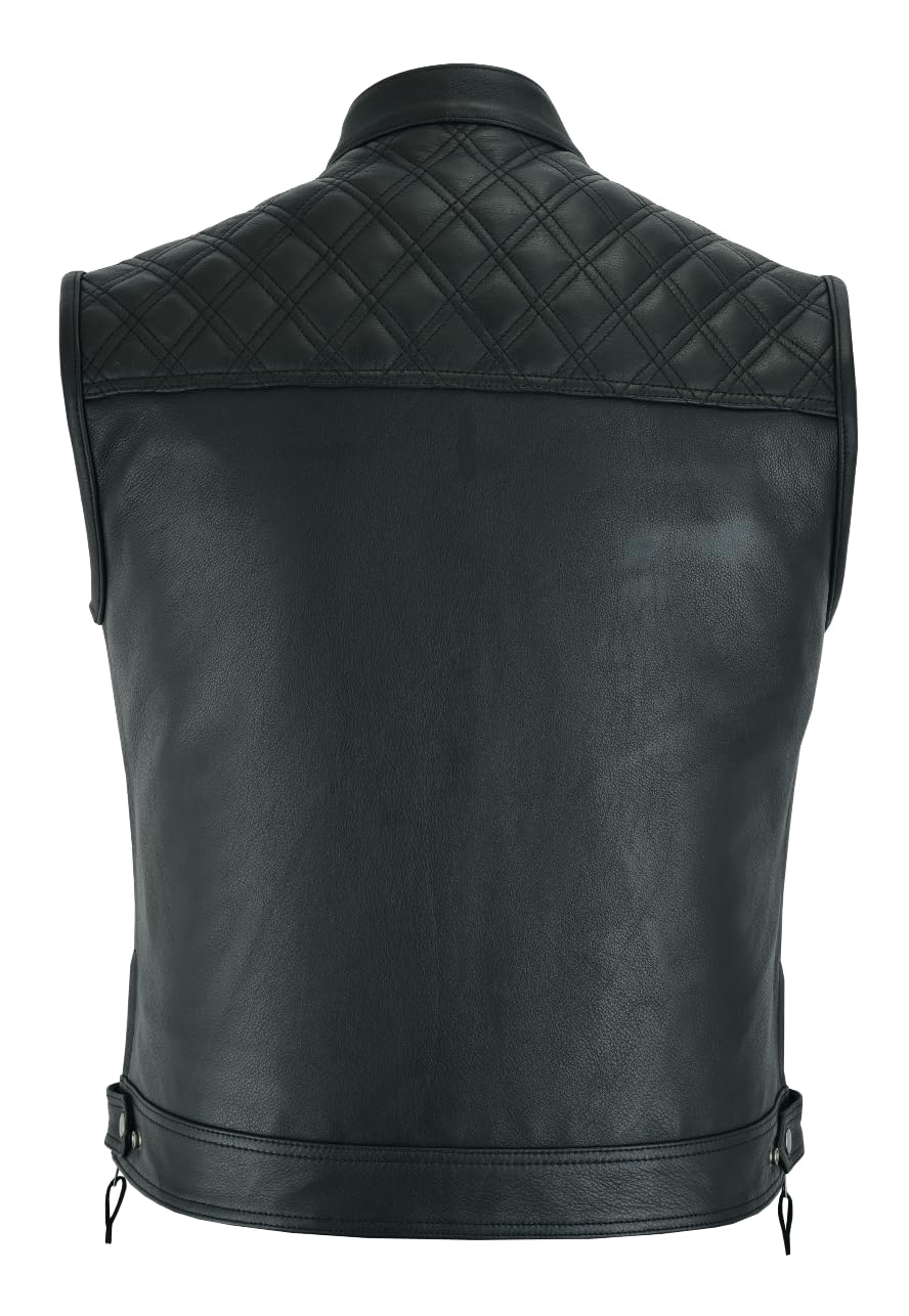 Gilet da motociclista da uomo, in pelle, stile club, con fodera con bandiera, trasporto nascosto, spalle trapuntate