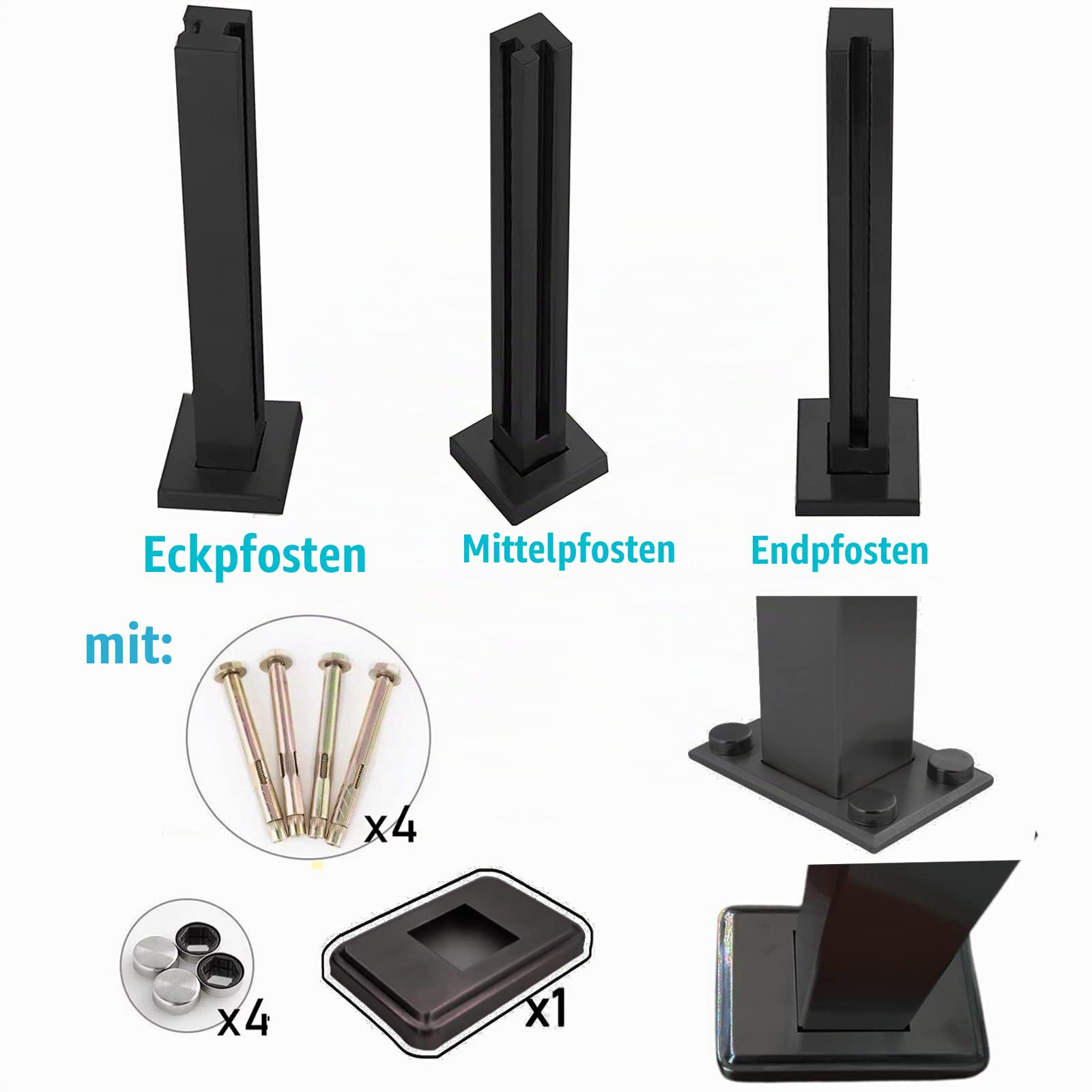 Glasgeländer Glasklemmen Pfosten Mit Schwarzen Paneelen Für Pool, Terrasse/Patio/Flur, Edelstahl 5x5cm Quadratischer Geländerzaun, Für 10-12 Mm Basisschienenhalterungen Aus Gehärtetem Glas, Mittel ( C