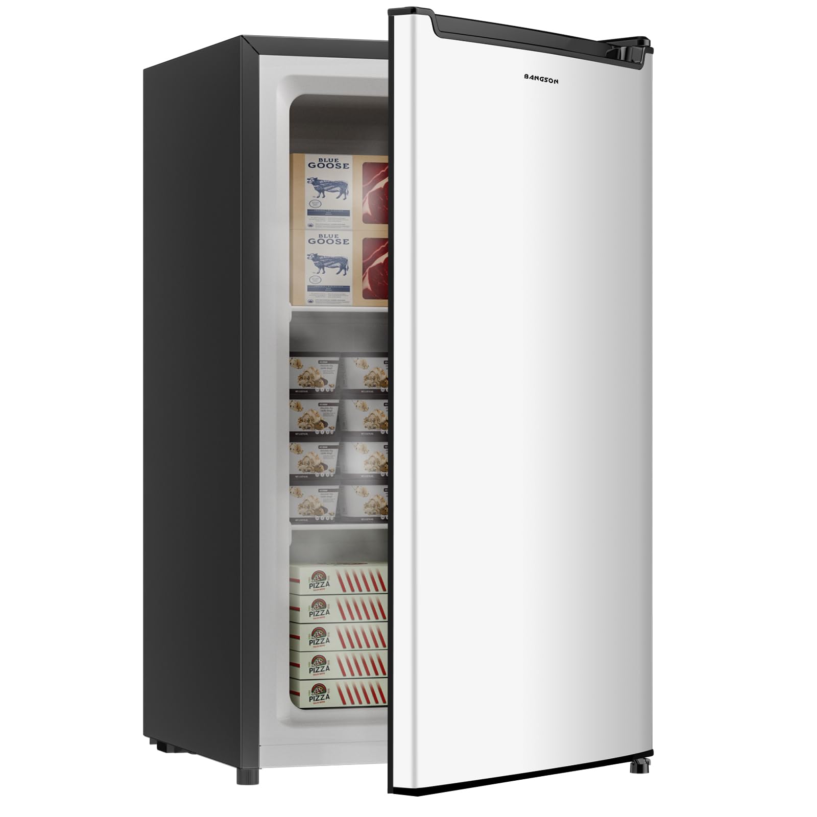 BANGSON 2.1 Cu.ft Upright Freezer, Compact Mini Freezer with Reversible Door, Adjustable Thermostat, Removable Shelves, Energy-Saving Small Freezer for Garage/Dorm/Office/Apartment, Silver