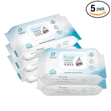 Cuddables 99% Premium Water Baby Wipes (360 Wipes) | Plant-Based Cotton (Unscented) Baby Wet Wipes with 3x Times Thicker & Ultra Soft - Aloe Vera Enriched Wet Wipes for Newborns Baby Skin | Safe Baby Wipes with Plastic-Lid | Dermatologically Tested | Pack of 5