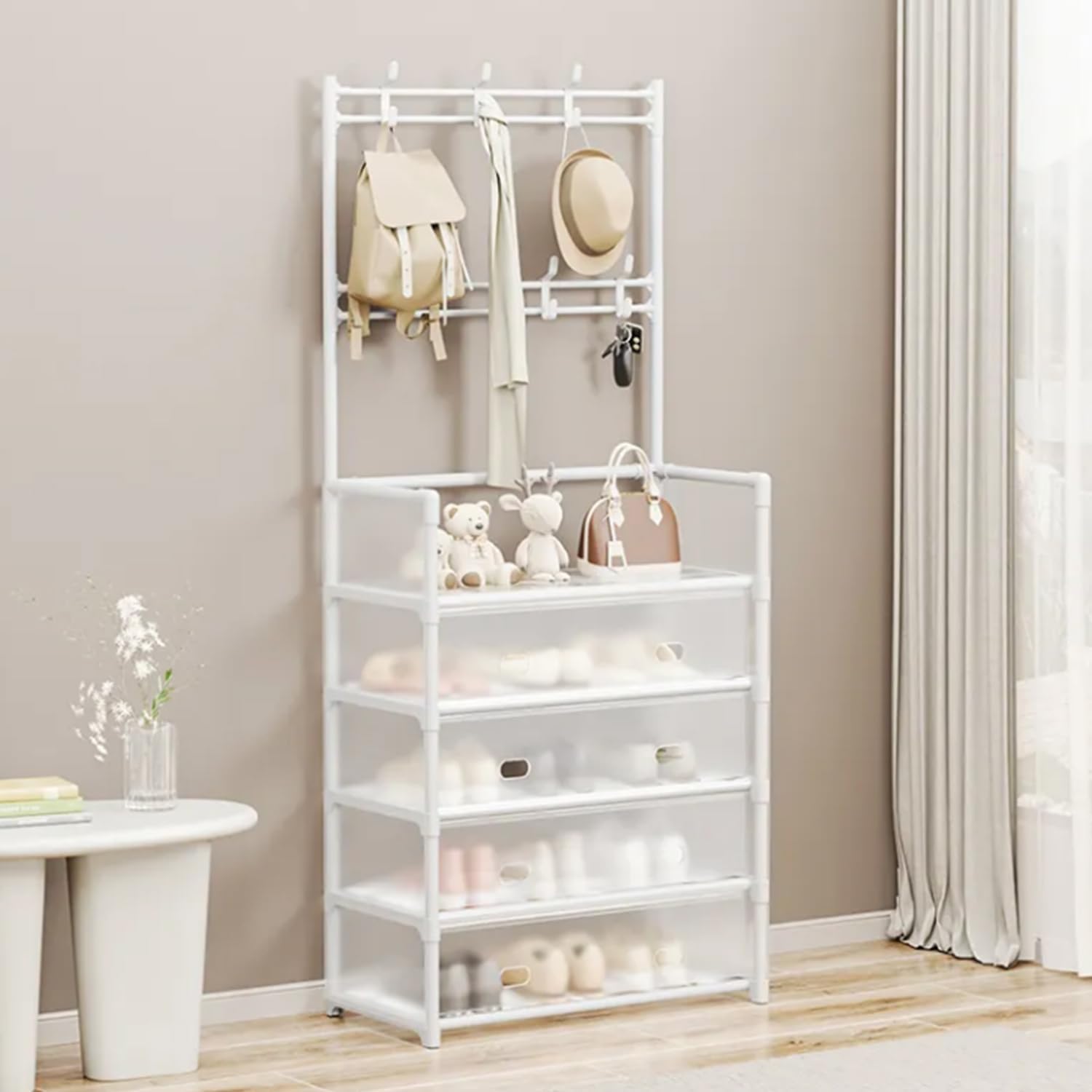 Multi -functional shoe and hat rack, cloak rack, independent shoe rack, dustproof, household storage rack, porch coat frame, bedroom storage cabinet, cloakroom (White)