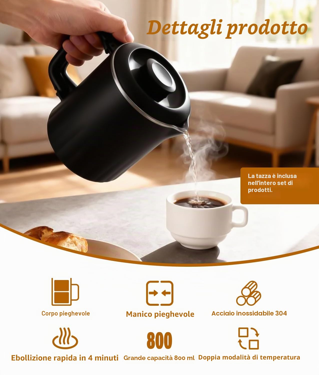 PAHTTO Bollitore elettrico in acciaio inossidabile, 800 ml Bollitore elettrico con una tazza, senza BPA, riscaldamento in 5 minuti, perfetto per la famiglia, i viaggi, l'hotel, il campeggio (nero)