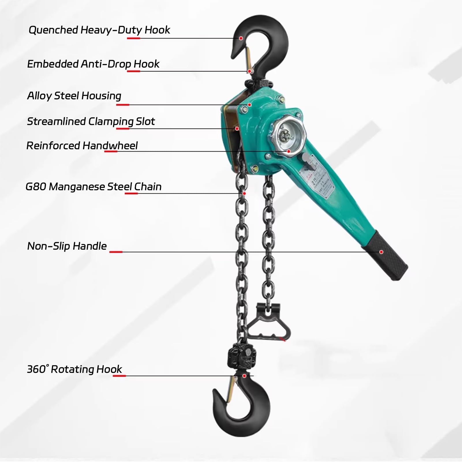 750 kg Tragkraft Hebelzug, 1,5 m G80 Kette, manueller Hebel-Kettenzug mit 360° drehbarem Haken, Handkettenzug zum Heben von Garagen, Fabrikdock,