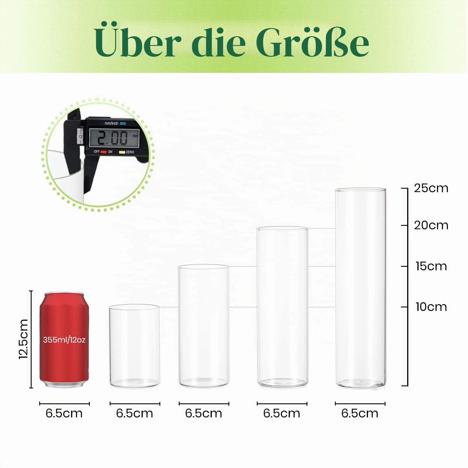 Hewory Glasvase Zylinder 12er Vasen Set Kerzengläser mit 2 Wasserperlen | Zylindervasen Set, Glaszylinder für Kerzen, Klar Vase Glas Windlicht Glas für Tischdeko Hochzeit, 10/15/20/25cm