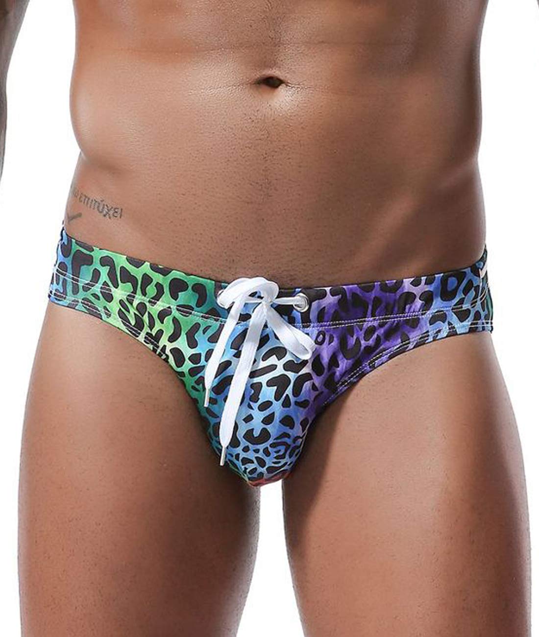 Mens Bikini Briefs Sexy Low Rise Flowers Print Quick Dry Swim Trunk Swimsuit Swimwear (Leopard, XL Fit Waist 32-34 inch)